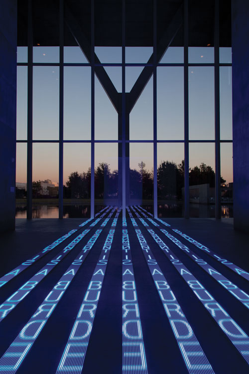 Jenny Holzer, Kind of Blue, 2012. 9 LED signs with blue diodes, .9 x 120 x 576 inches. Modern Art Museum of Fort Worth. © 2012 Jenny Holzer, member Artists Rights Society (ARS), NY. Photo: Paul Kamuf. Jenny Holzer, Kind of Blue, 2012. 9 LED signs with blue diodes, .9 x 120 x 576 inches. Modern Art Museum of Fort Worth. © 2012 Jenny Holzer, member Artists Rights Society (ARS), NY. Photo: Paul Kamuf.