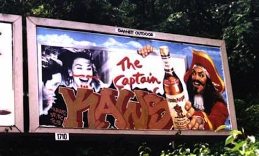 KAWS, Untitled (Captain Morgan), 1995. Spray paint on existing billboard advertisement. New Jersey