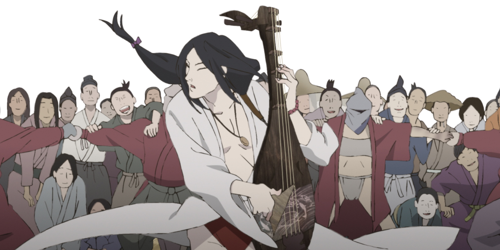 Inu_Oh_anime_character_playing_instrument_in_front_of_crowd