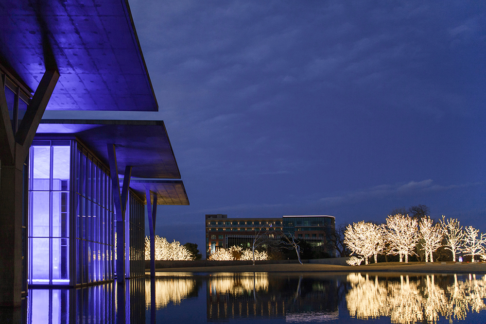 the Modern building with holiday lights
