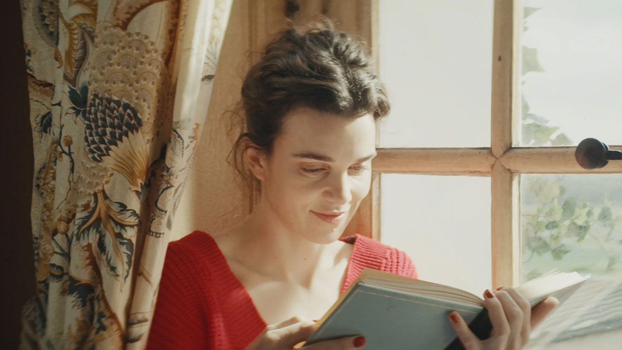 Young brunette woman reading book by a window