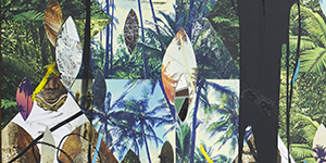 Rashid Johnson, Untitled Escape Collage, 2018 (detail). Ceramic tile, mirror tile, branded red oak flooring, vinyl, spray enamel, oil stick, black soap, wax