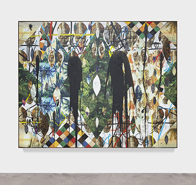 Rashid Johnson, Untitled Escape Collage, 2018 (detail). Ceramic tile, mirror tile, branded red oak flooring, vinyl, spray enamel, oil stick, black soap, wax