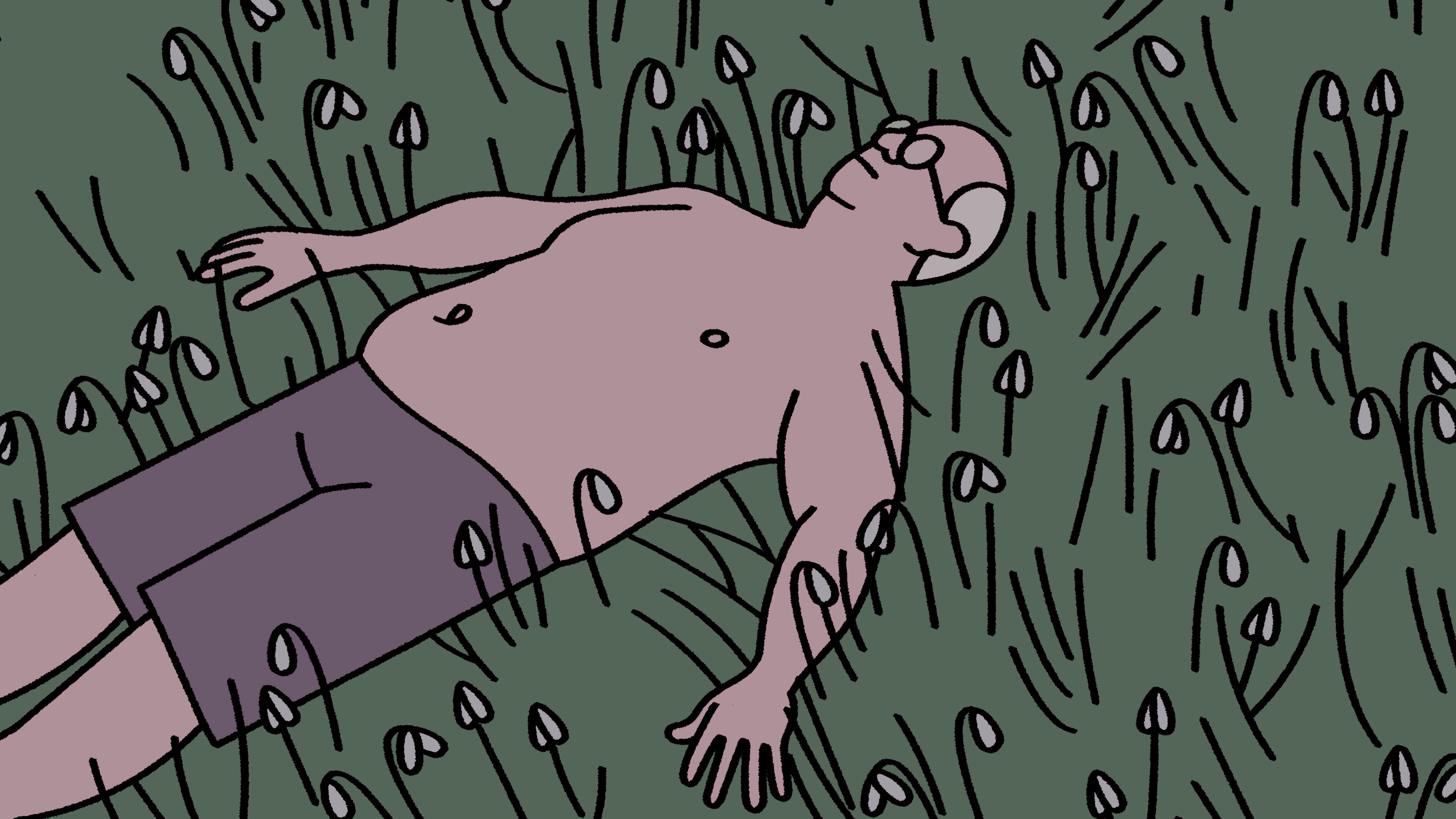 Old man with swim trunks and glasses on laying in grassy field - animation