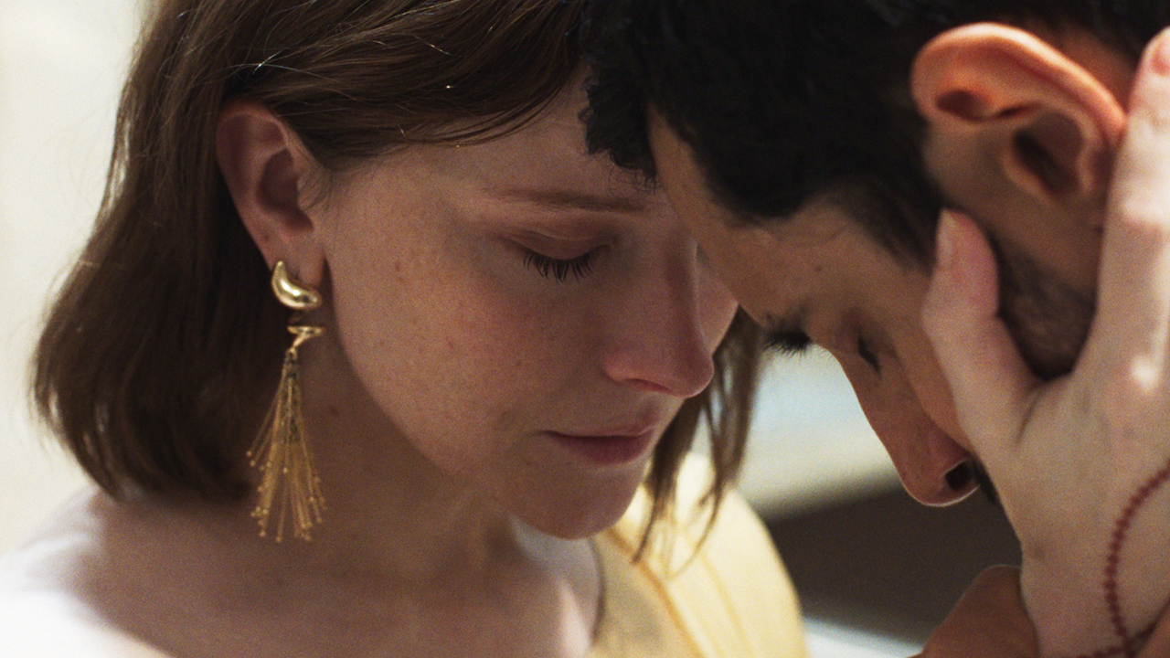 Woman and man embracing