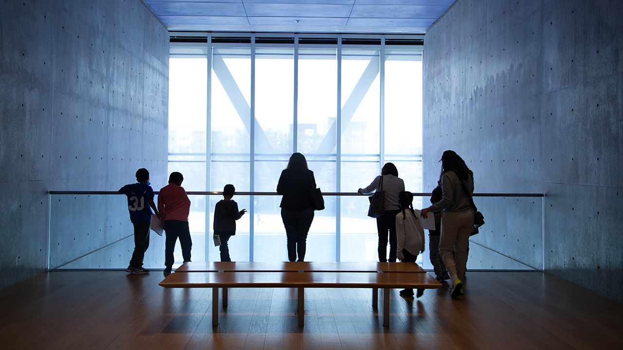 People looking through a shaded blue window