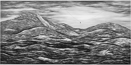 pencil drawing of a small man suspended over a turbulent sea