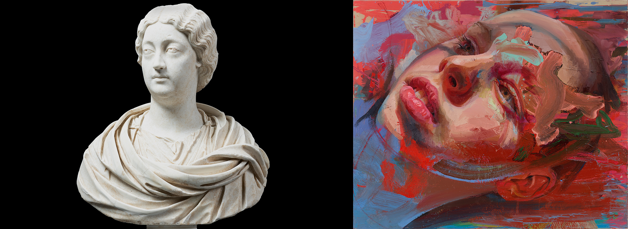 marble bust of women, and abstract painting of young woman's face