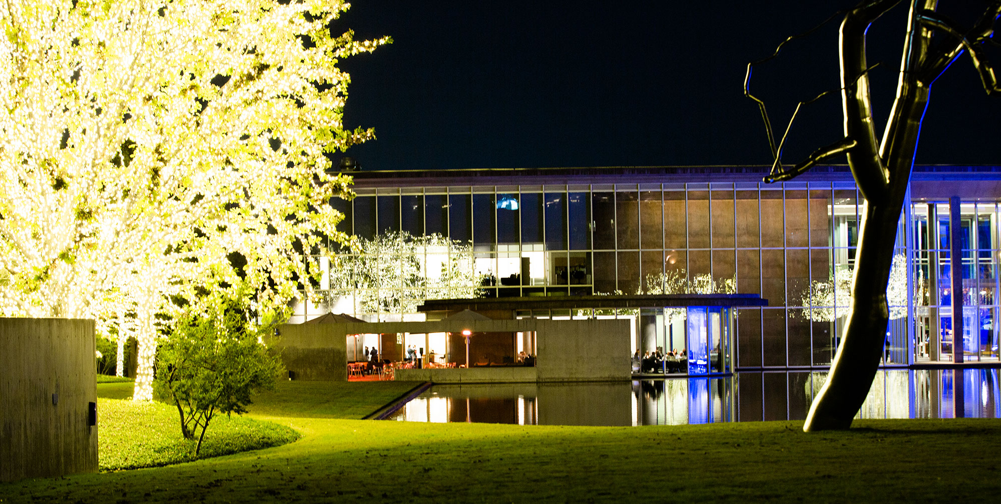 The Modern at Night with Tree Light View Over the Pond